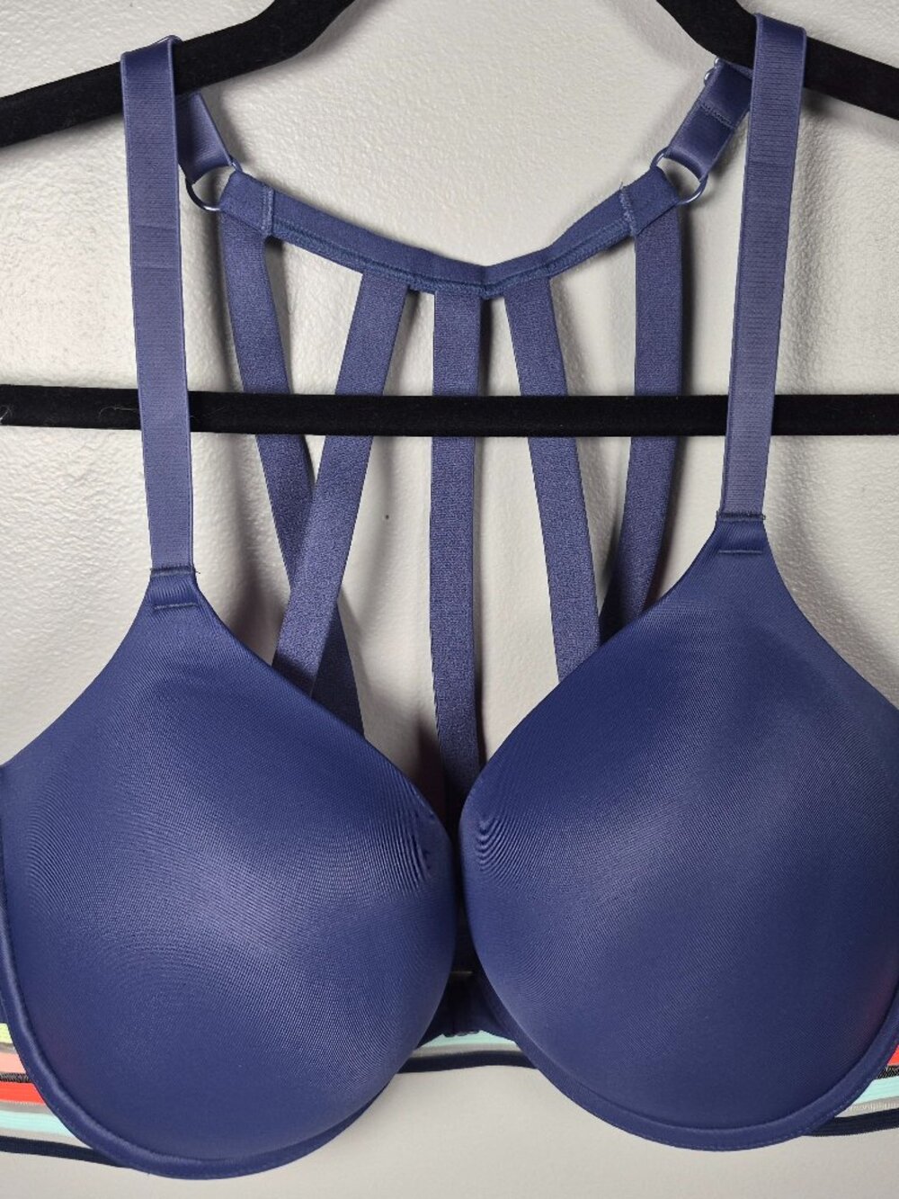 VS PINK Front Closure Push Up Bra Navy Blue Strappy Cage Back Multi Strap Sz 38C